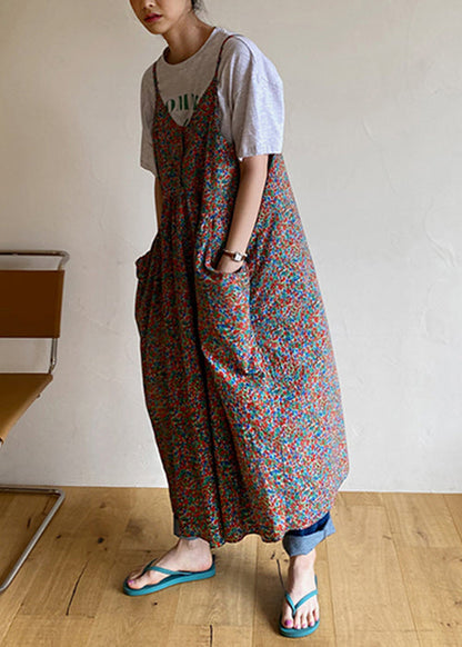 Red Button Print Cotton Sleeveless Spaghetti Strap Dress V Neck