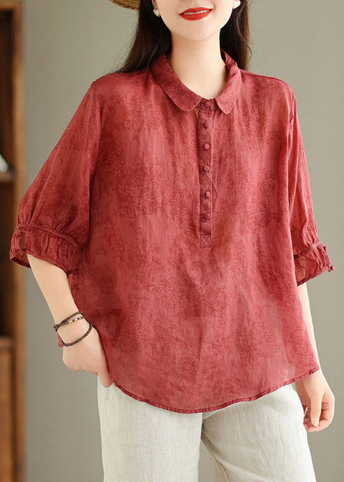 Red Button Print Linen Blouses Peter Pan Collar Summer