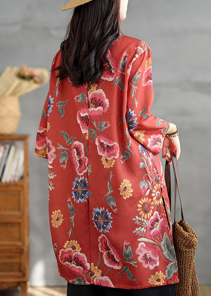 Red Button Print Linen Shirt Dresses Stand Collar Bracelet Sleeve