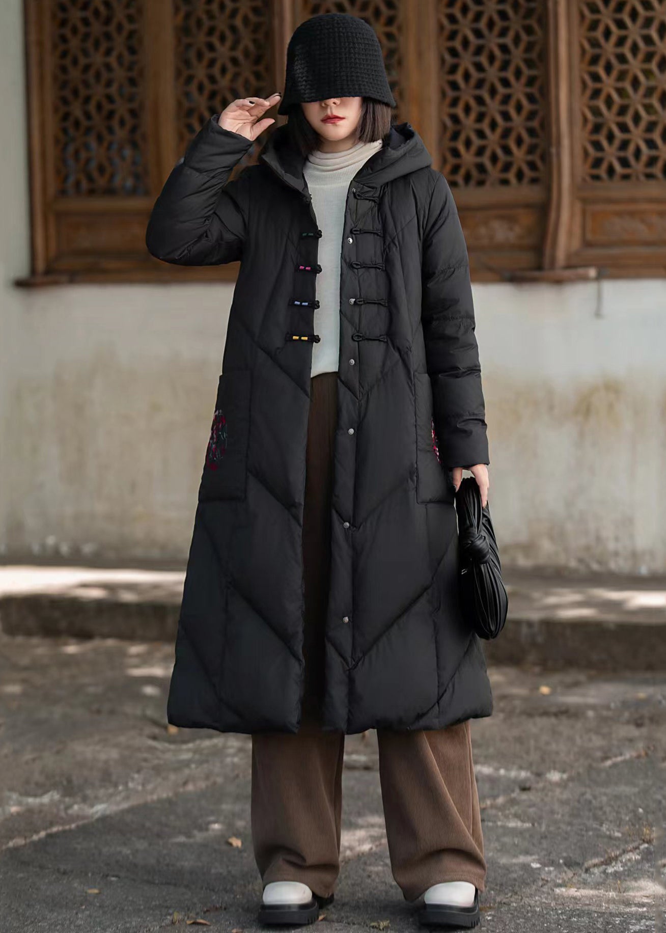 Red Chinese Button Pockets Duck Down Winter Long Coats Hooded