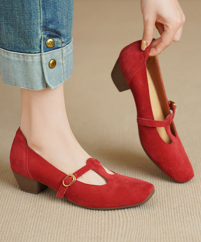 Red Chunky Heel Shoes Suede Chic Splicing Square Toe