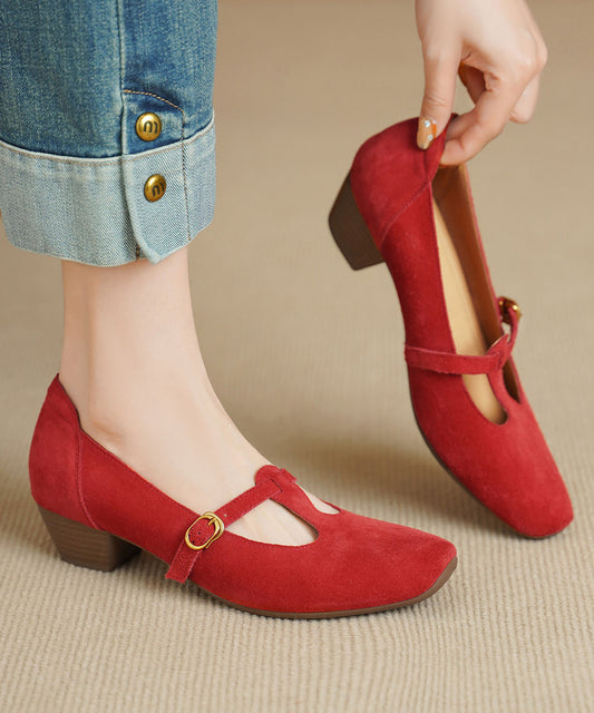 Red Chunky Heel Shoes Suede Chic Splicing Square Toe