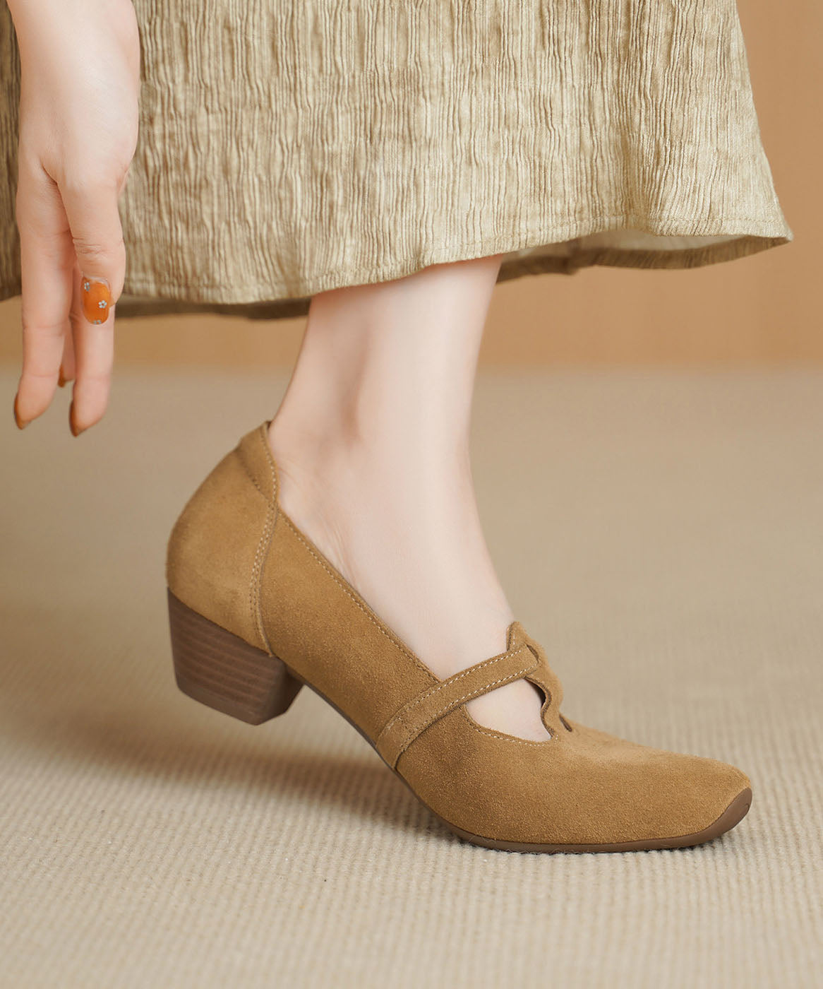 Red Chunky Heel Shoes Suede Chic Splicing Square Toe