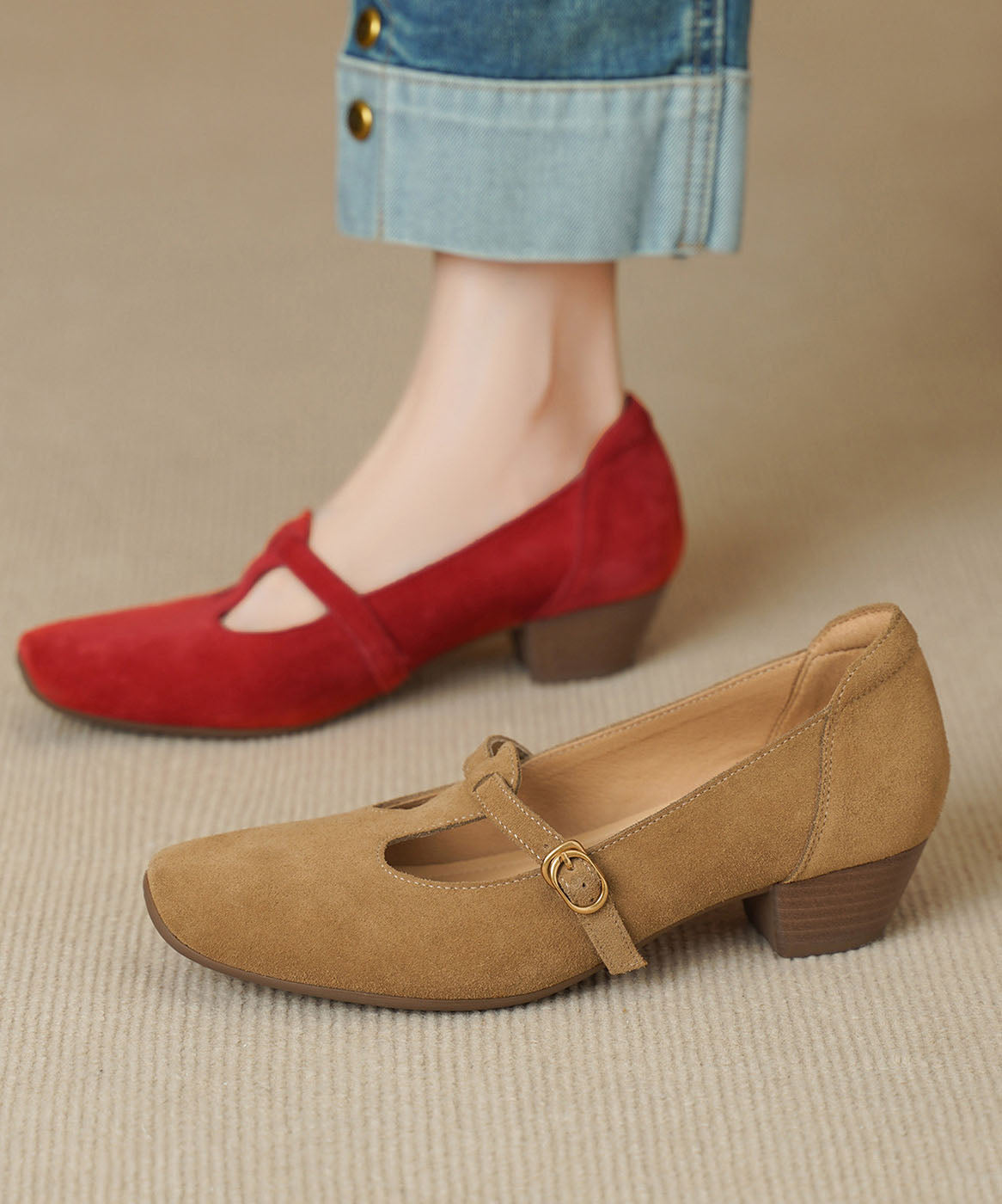 Red Chunky Heel Shoes Suede Chic Splicing Square Toe