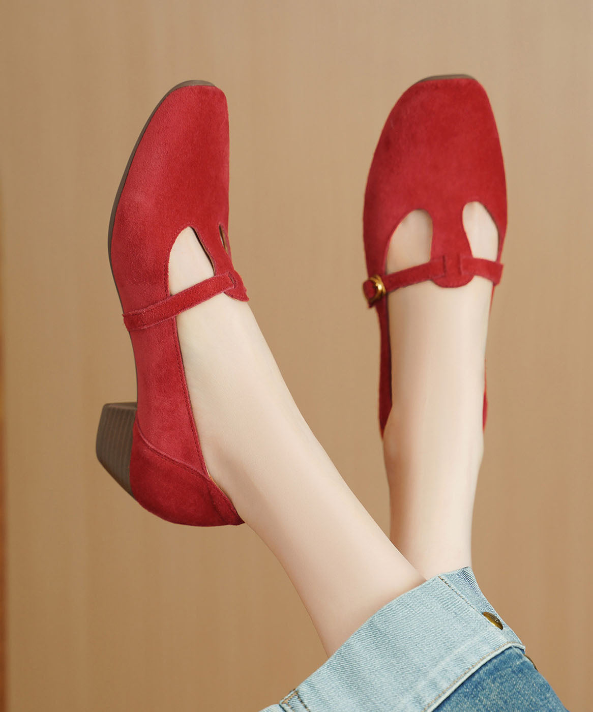 Red Chunky Heel Shoes Suede Chic Splicing Square Toe