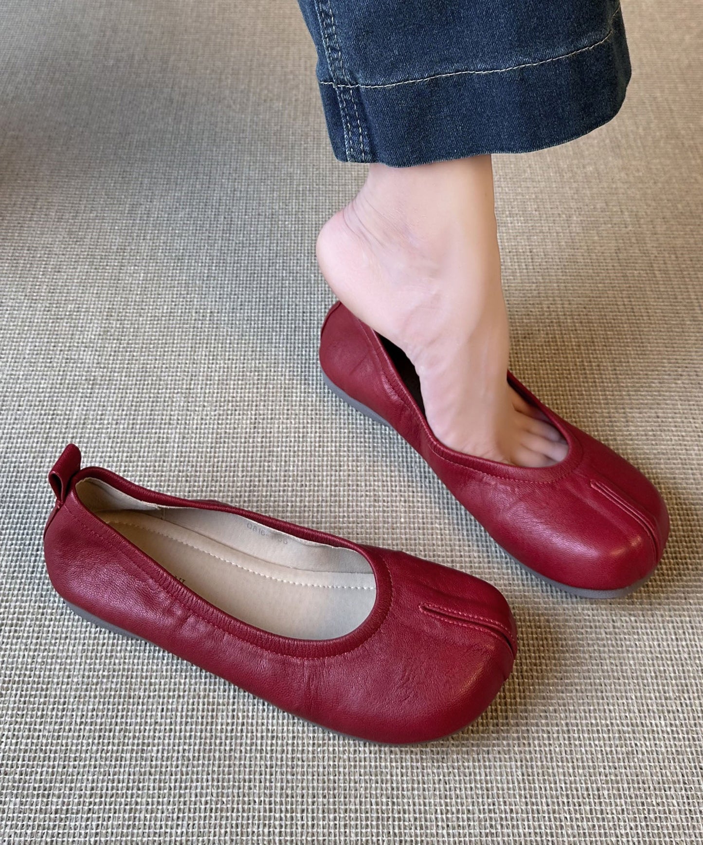 Red Comfy Soft Flat Feet Shoes Splicing Sheepskin