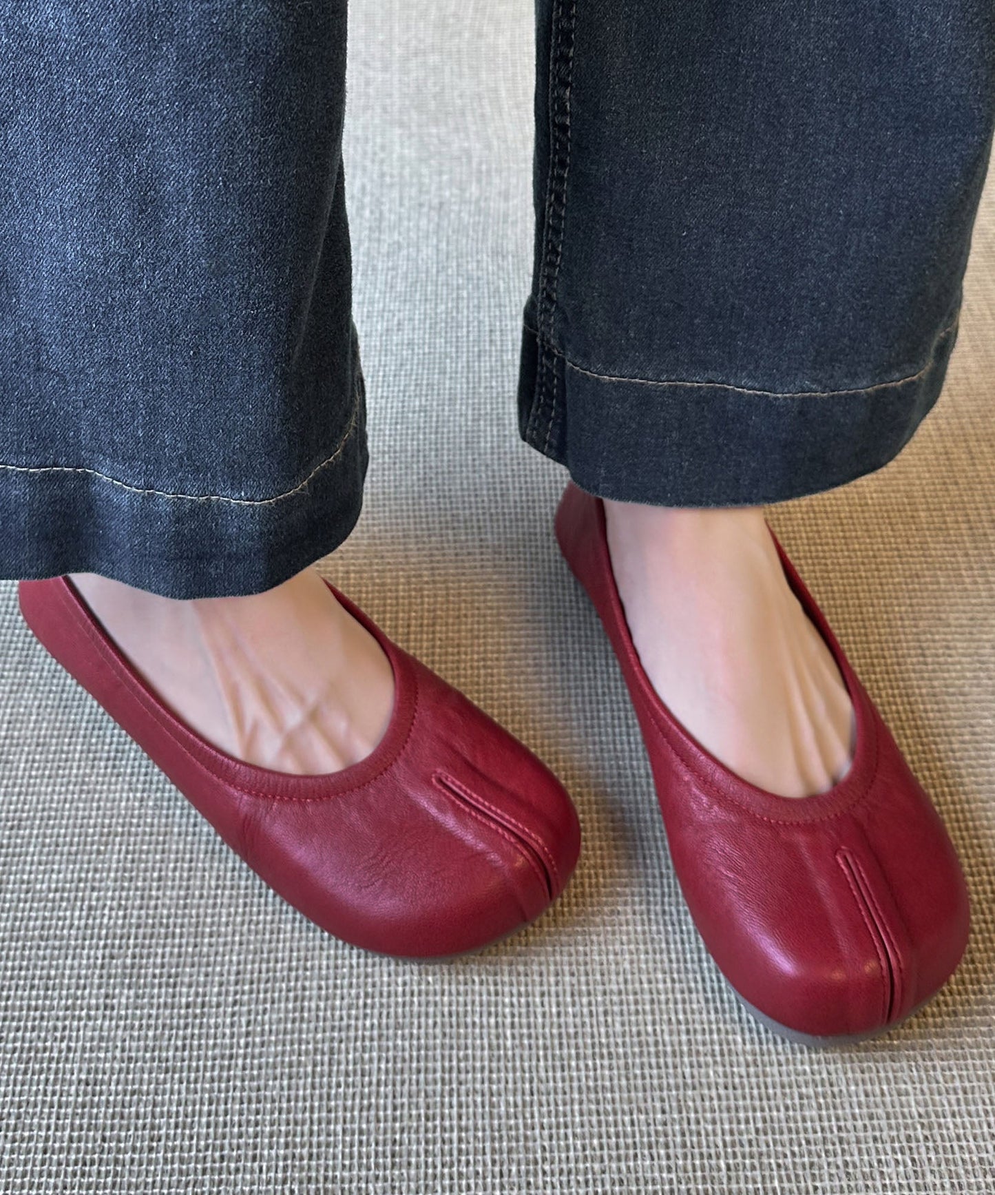 Red Comfy Soft Flat Feet Shoes Splicing Sheepskin