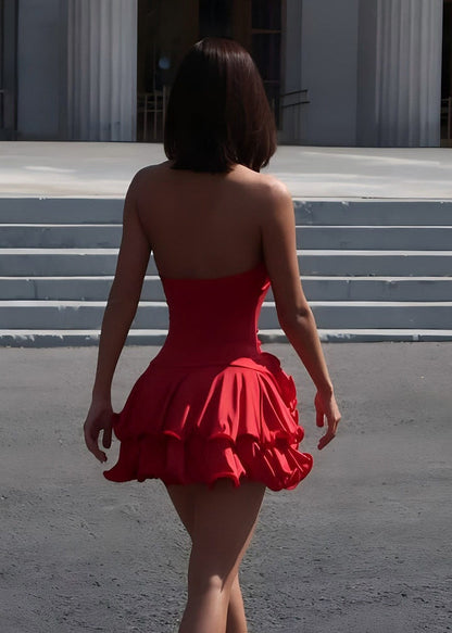 Red Cotton Halter Dress Asymmetrical Ruffled Summer