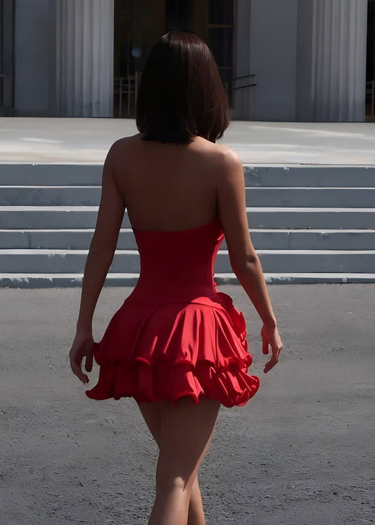 Red Cotton Halter Dress Asymmetrical Ruffled Summer