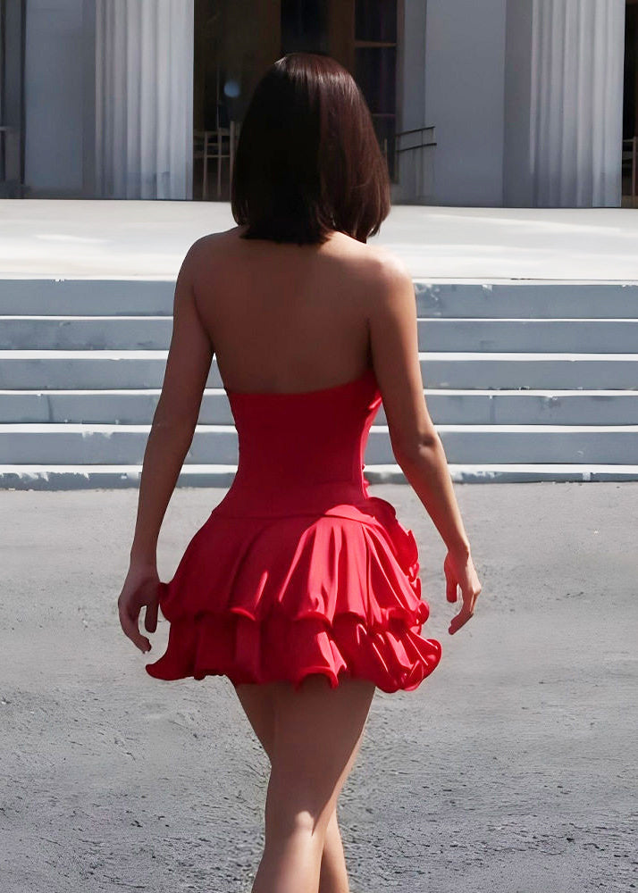 Red Cotton Halter Dress Asymmetrical Ruffled Summer