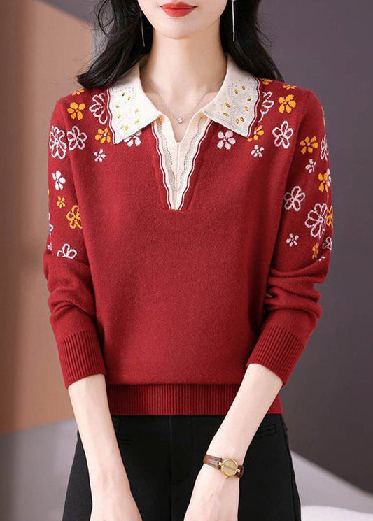 Red Cotton Knit Sweaters Peter Pan Collar Fall