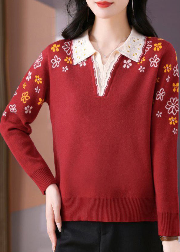 Red Cotton Knit Sweaters Peter Pan Collar Fall