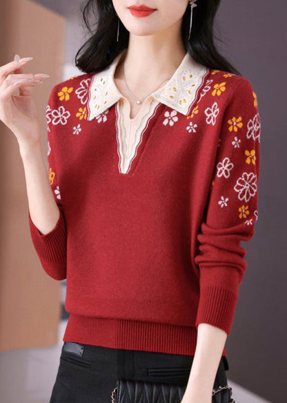 Red Cotton Knit Sweaters Peter Pan Collar Fall