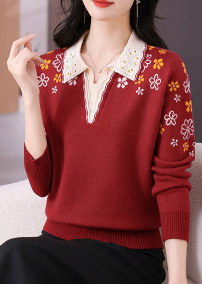 Red Cotton Knit Sweaters Peter Pan Collar Fall