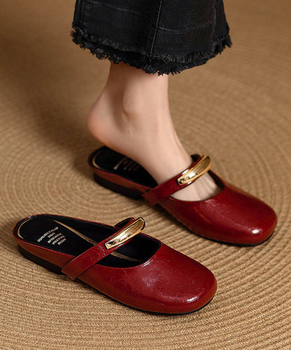 Red Cowhide Leather Women Splicing Slide Sandals