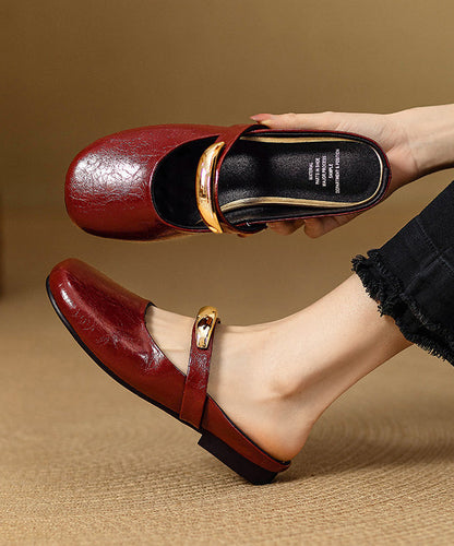 Red Cowhide Leather Women Splicing Slide Sandals