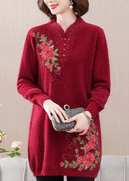 Red Cozy Mink Velvet Sweaters Embroidered Spring