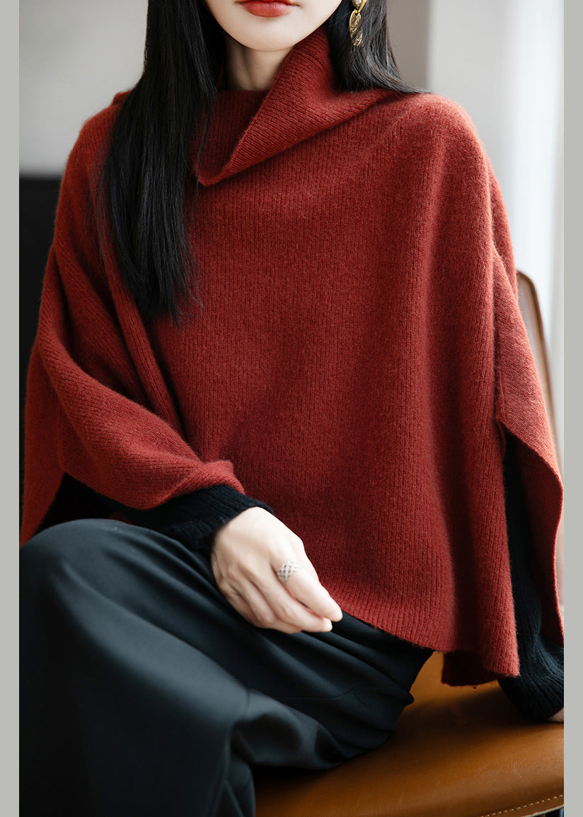 Red Cozy Wool Batwing Sleeve Pullover Sweater Turtleneck