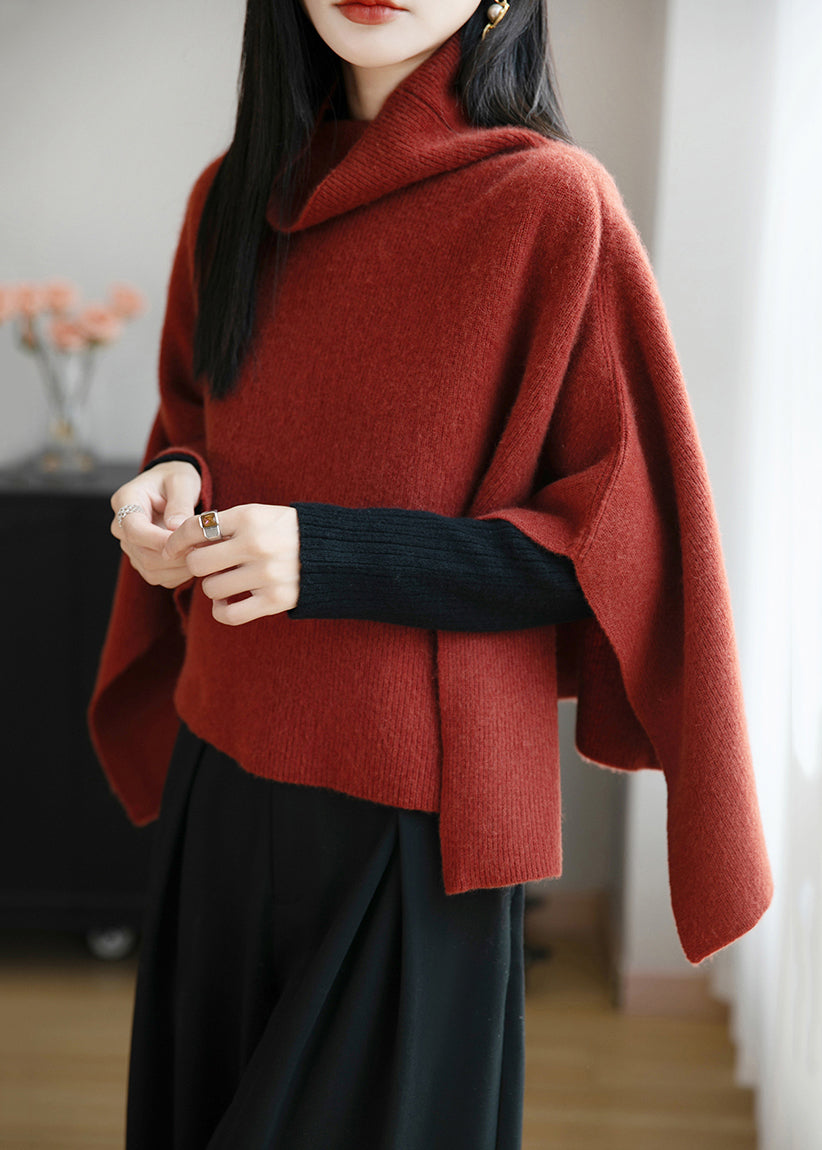 Red Cozy Wool Batwing Sleeve Pullover Sweater Turtleneck