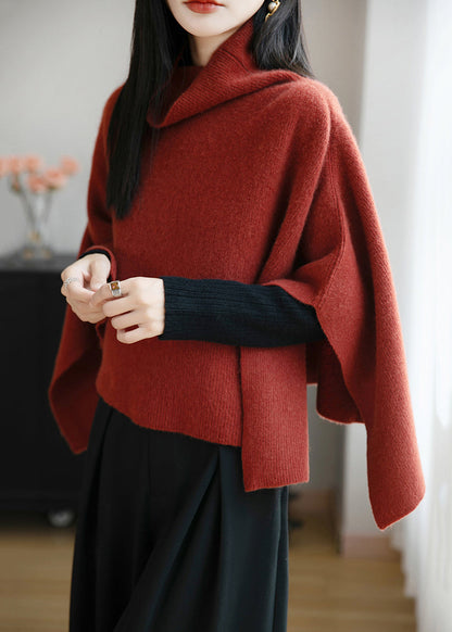 Red Cozy Wool Batwing Sleeve Pullover Sweater Turtleneck