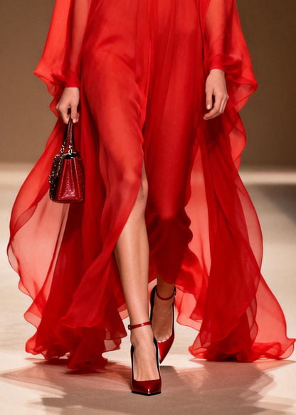 Red Draping Chiffon Long Dress Side Open Summer