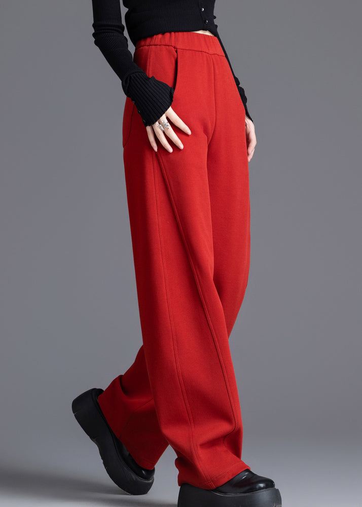 Red Elastic Waist Solid Cotton Spring Pants Pockets