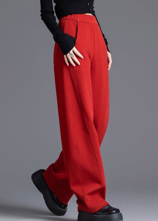 Red Elastic Waist Solid Cotton Spring Pants Pockets