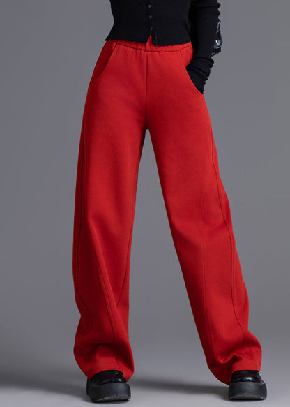 Red Elastic Waist Solid Cotton Spring Pants Pockets