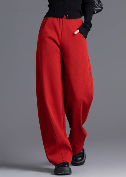 Red Elastic Waist Solid Cotton Spring Pants Pockets