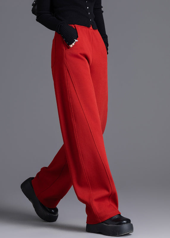 Red Elastic Waist Solid Cotton Spring Pants Pockets
