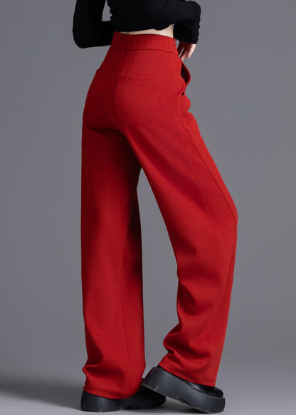 Red Elastic Waist Solid Cotton Spring Pants Pockets