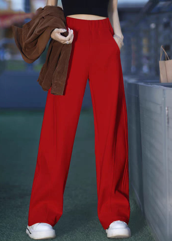 Red Elastic Waist Solid Warm Fleece Pants Pockets