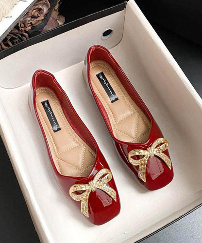 Red Faux Leather Beautiful Bow Splicing Flat Feet Shoes