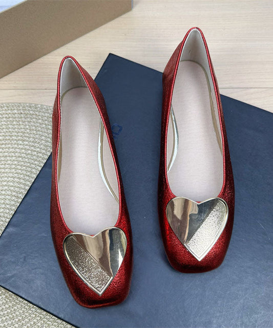 Red Faux Leather Splicing Heart Sequined Flat Shoes