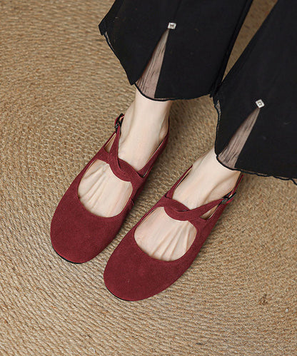 Red Flat Feet Shoes Cowhide Leather Chic Buckle Strap Flat Feet Shoes
