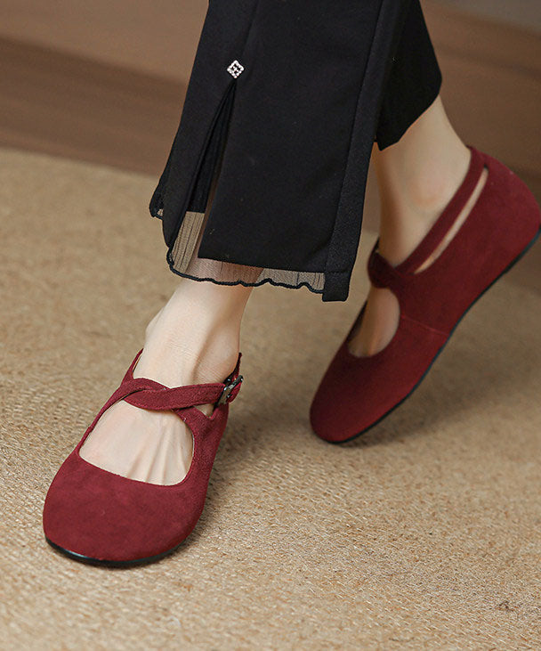 Red Flat Feet Shoes Cowhide Leather Chic Buckle Strap Flat Feet Shoes
