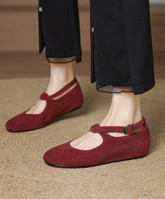 Red Flat Feet Shoes Cowhide Leather Chic Buckle Strap Flat Feet Shoes