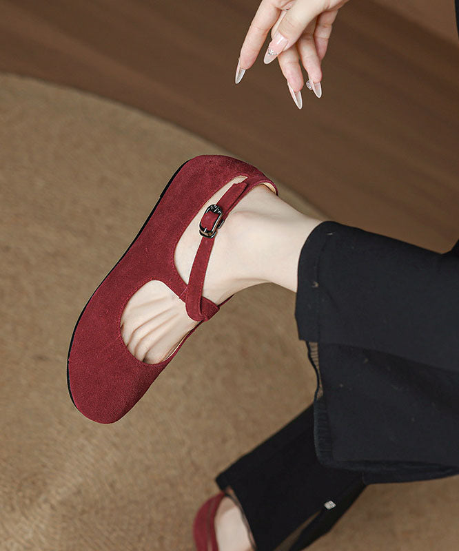 Red Flat Feet Shoes Cowhide Leather Chic Buckle Strap Flat Feet Shoes