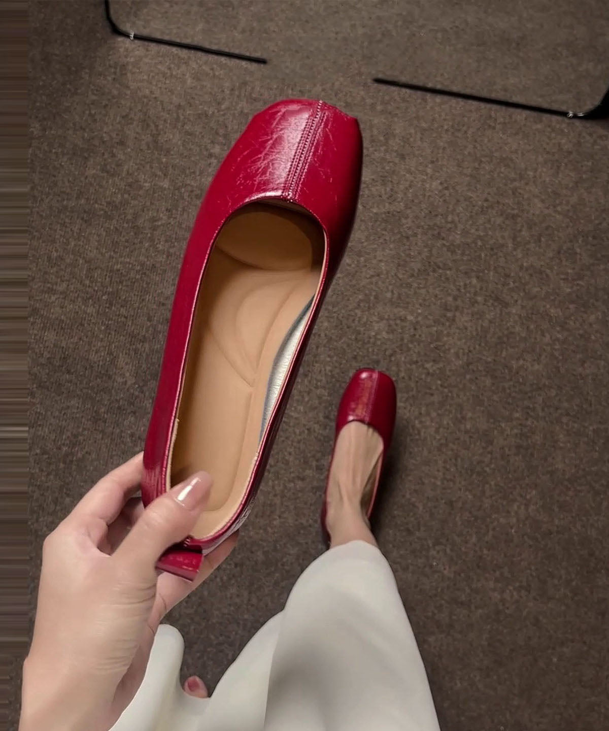 Red Flat Shoes Faux Leather Handmade Flat Shoes For Women