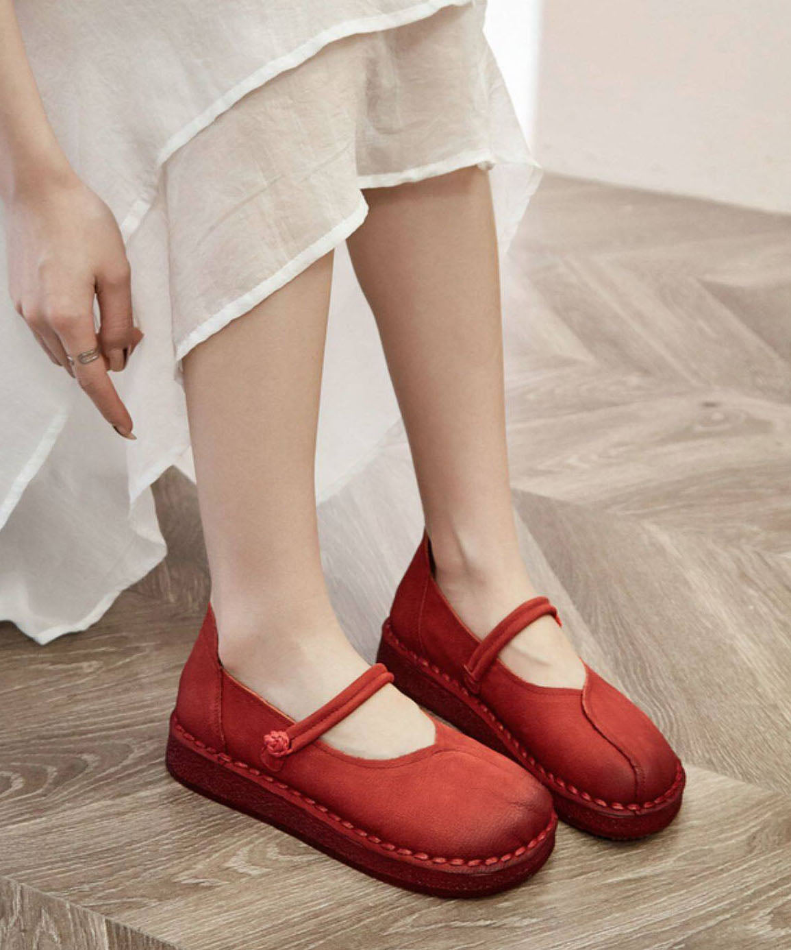 Red Flat Shoes For Women Buckle Strap Flat Feet Shoes