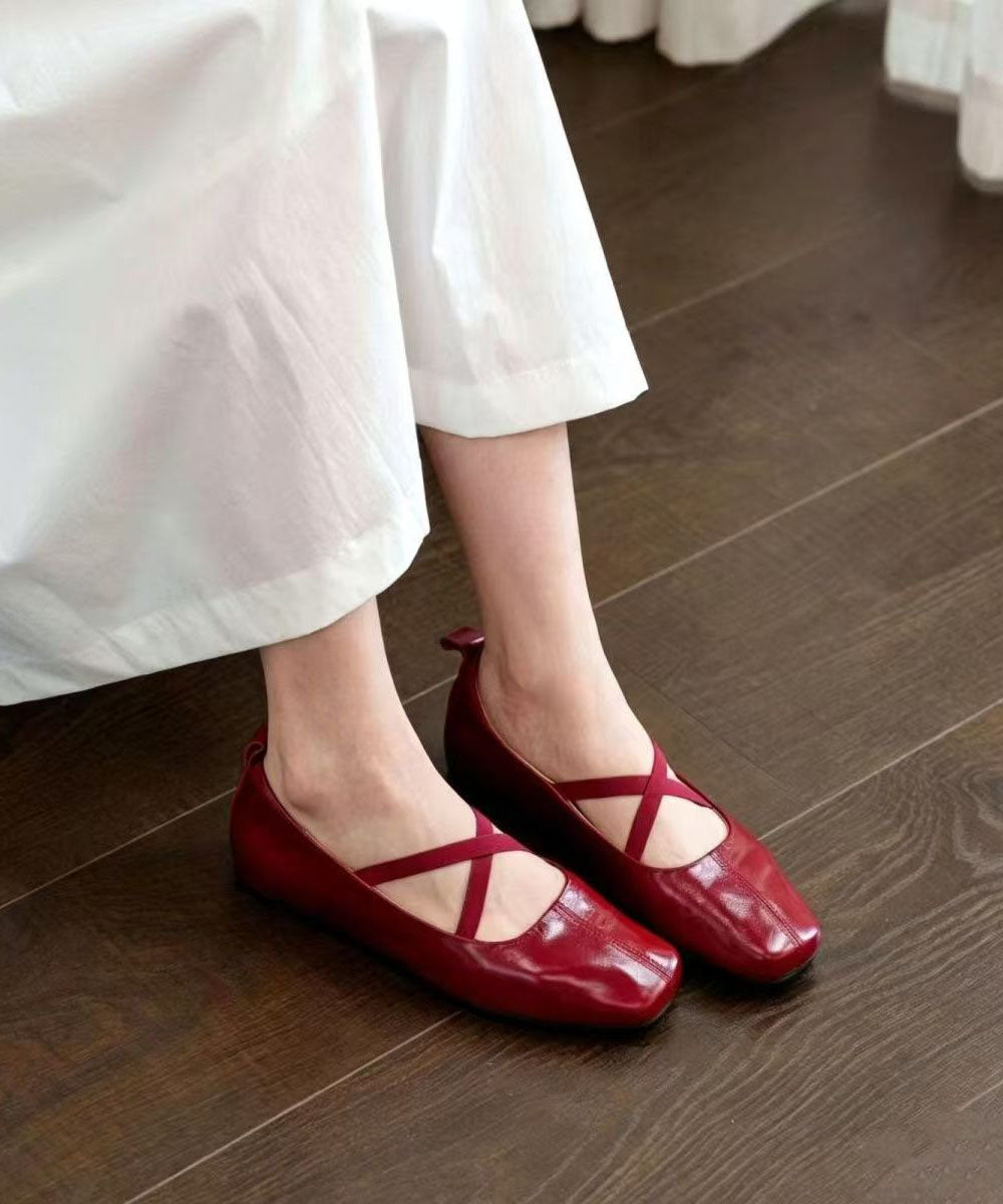 Red Flat Shoes For Women Faux Leather Boutique Cross Strap Flats