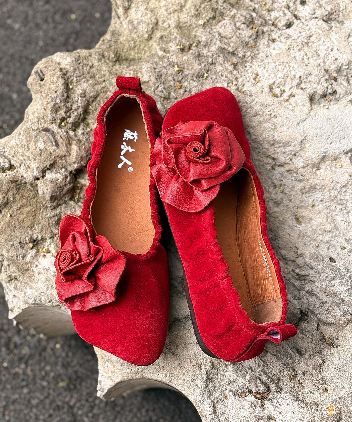 Red Flat Shoes Wrinkled Sheepskin DIY Flower Flats