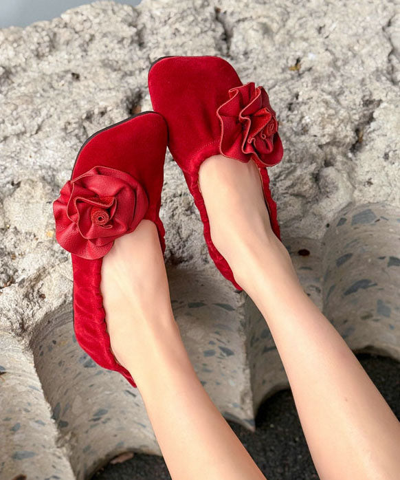 Red Flat Shoes Wrinkled Sheepskin DIY Flower Flats