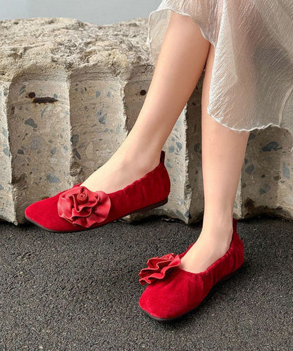 Red Flat Shoes Wrinkled Sheepskin DIY Flower Flats