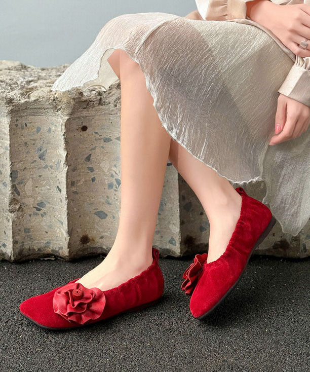 Red Flat Shoes Wrinkled Sheepskin DIY Flower Flats