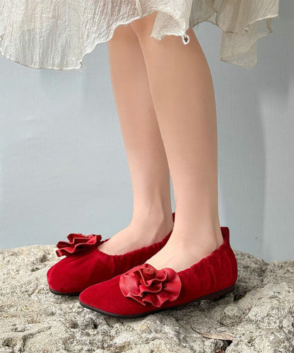 Red Flat Shoes Wrinkled Sheepskin DIY Flower Flats