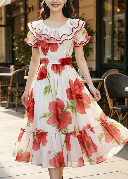 Red Floral Chiffon Robe Dresses Ruffled Summer