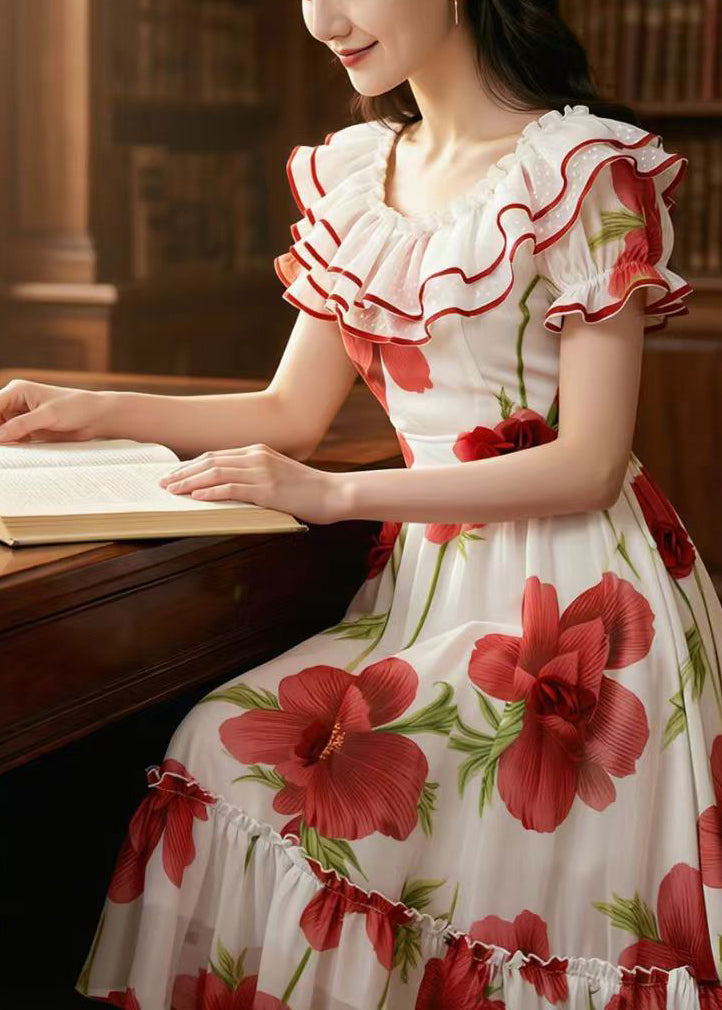 Red Floral Chiffon Robe Dresses Ruffled Summer