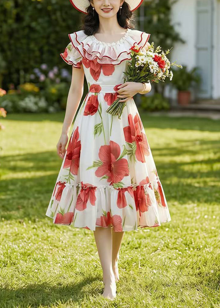 Red Floral Chiffon Robe Dresses Ruffled Summer