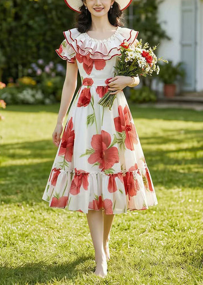 Red Floral Chiffon Robe Dresses Ruffled Summer